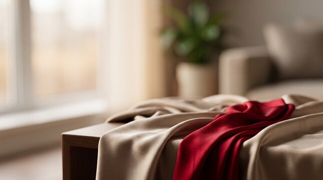 Luxurious Red and Beige Silk Fabric Draped on a Table