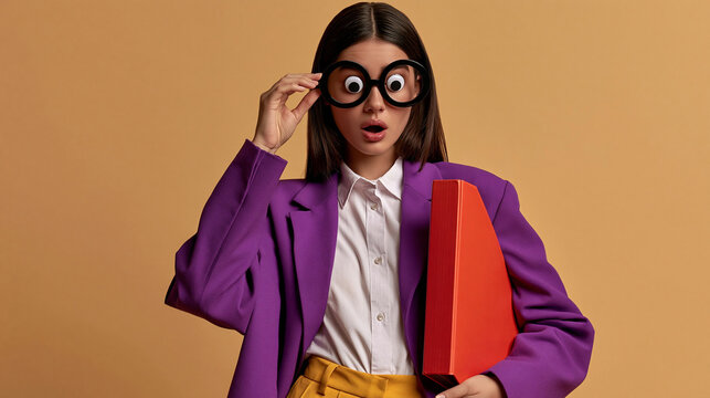 Surprise Reaction: A woman in a purple blazer with oversized glasses and wide eyes clutches a red folder, her mouth agape in a moment of astonishment and shock.