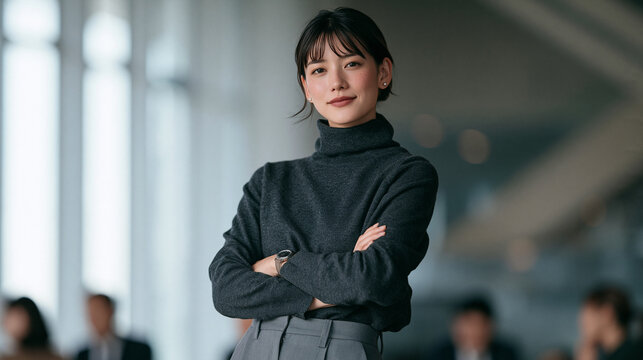 Confident Professionalism: A poised young woman, dressed in a smart turtleneck and trousers, stands with arms crossed in a modern office setting, exuding an aura of competence and ambition.