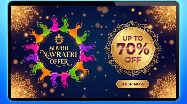 Shubh Navratri Festival Sale Banner with Garba Dancers, 70 Percent Discount Badge and Festive Background