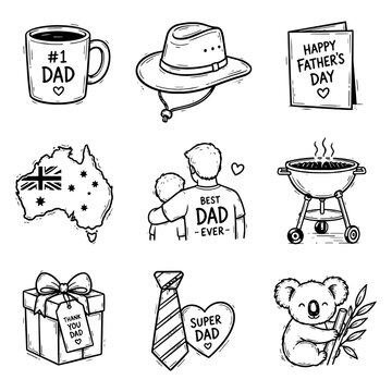 Australia Fathers Day Celebration Hand Drawn Doodle Vector Icon Set