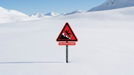 Fototapeta premium Avalanche Danger Warning Sign In Snowy Mountain Landscape