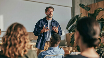 Obraz premium Presentation Powerhouse: A charismatic male speaker captivates his audience, gesturing expressively as he delivers an engaging presentation in a modern, sunlit conference room.
