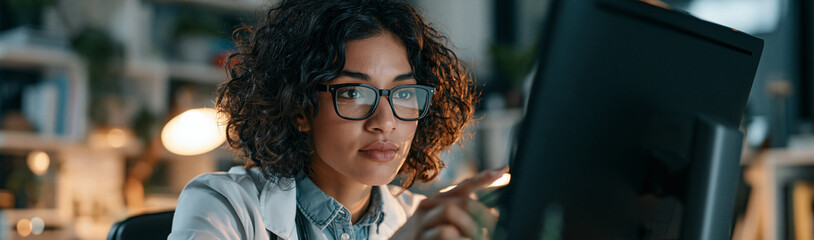 Obraz premium Focused professional woman working late on computer