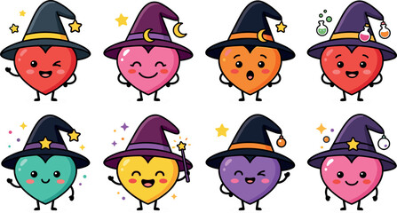 Obraz premium Cute Halloween Heart Witch Character Set Featuring Colorful Hearts Wearing Witch Hats Magic Wands Pions and Sparkles Vector Illustration