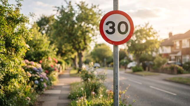 Speed limit thirty sign on a residential street during golden hour with residential regulation transportation neighborhood pavement infrastructure circular