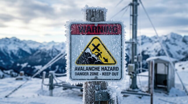 Avalanche Hazard Warning Sign Frozen In Winter Mountain Landscape