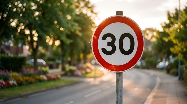 A red and white circular speed limit sign with number 30 in black, indicating thirty miles per hour on a pole by residential street.