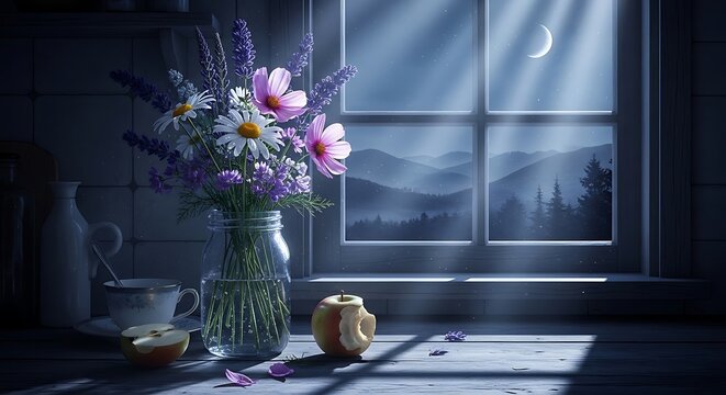 Bouquet of wildflowers in glass jar by window in moonlit night with moonlight