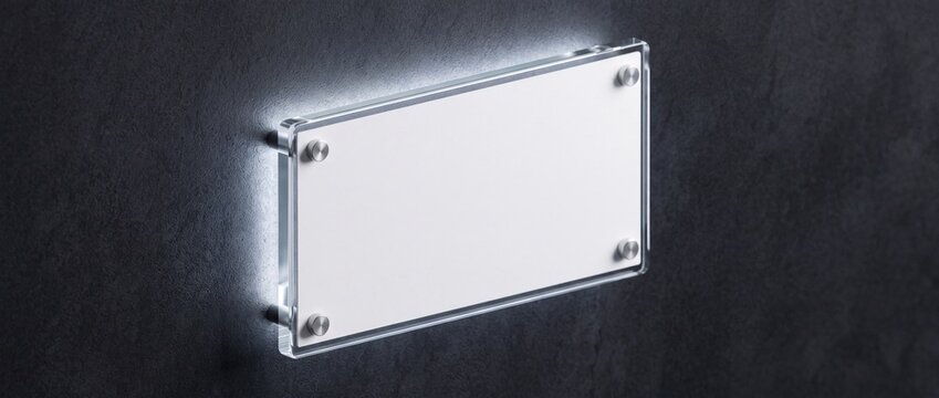 Blank white acrylic sign board with silver standoffs mounted on dark textured concrete wall with soft LED backlight illumination creates modern mockup display.