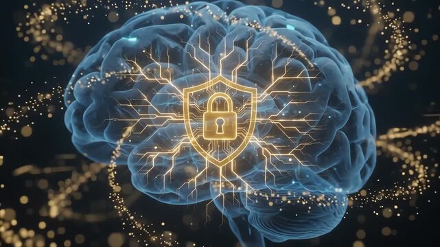 Digital human brain protected by a glowing cyber security shield. 4K Video