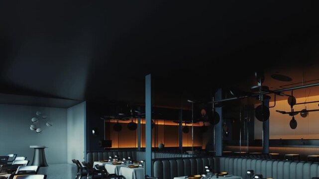 Tables are set in a restaurant located in a city. Soft lighting is present, creating a unique atmosphere. The space has a contemporary design, enhancing the dining experience in the evening.
