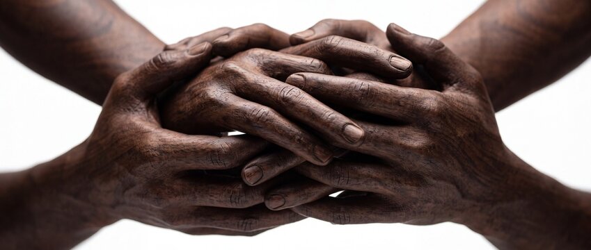 Dark carved wooden hands joined together against clean white backdrop expressing unity partnership mutual support community connection and collective cooperation.