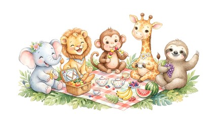 Obraz premium A charming watercolor illustration featuring a lion and animal friends sitting together, expressing friendship and joy.