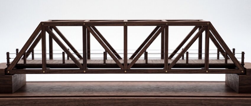 Intricate wooden truss bridge model sits on matching base against clean white backdrop showcasing classic architectural engineering design structure craftsmanship.