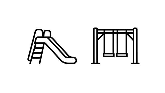 Children playground equipment slide and swings outline icons with playground