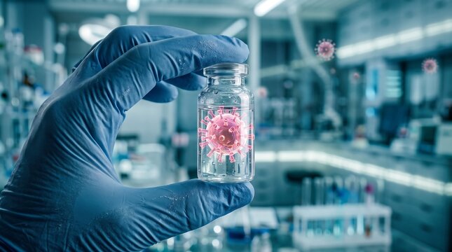 Scientific Research Laboratory with Gloved Scientist Holding Glass Sample Vial, Advanced Biotechnology Experiment, Medical Research, Laboratory Innovation, Pharmaceutical Science and Discovery