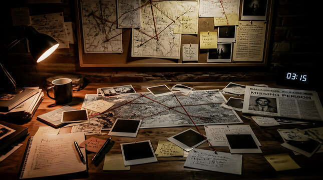Vintage desk with scattered photos and old map under warm lamp light.