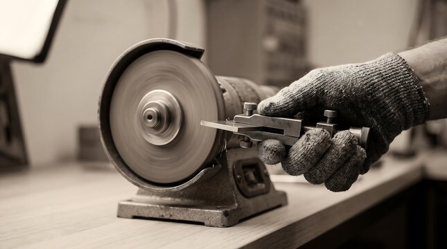 Person wearing protective glove sharpening metal object on grinding wheel in workshop, metalworking, tool maintenance, industrial work, precision craftsmanship.