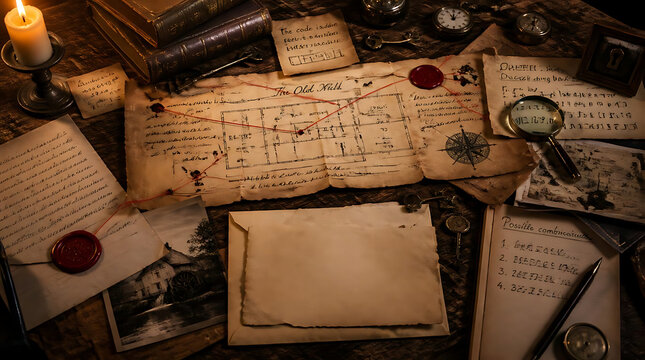 Vintage map and old documents on a wooden table with candlelight.