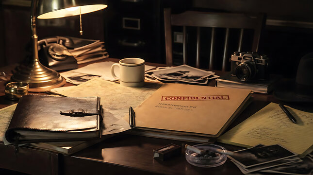 Vintage desk scene with open book and warm lamp lighting.