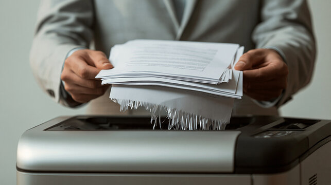 Shredding Documents: A person in a suit holds a stack of papers over a shredder, destroying sensitive information. A metaphor for data security and privacy.