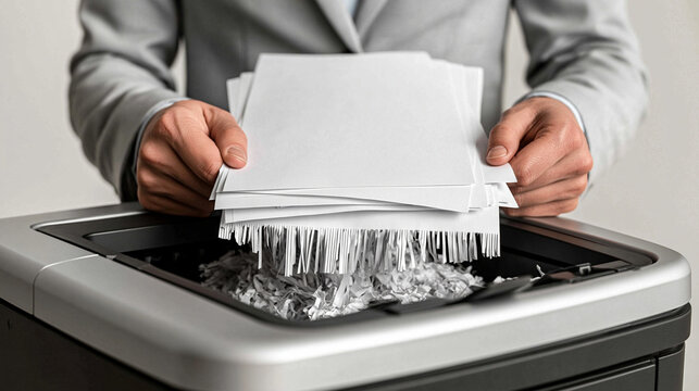 Confidentiality Shredded: Hands of a person in a grey suit feed a stack of documents into a paper shredder, symbolizing the destruction of sensitive information.