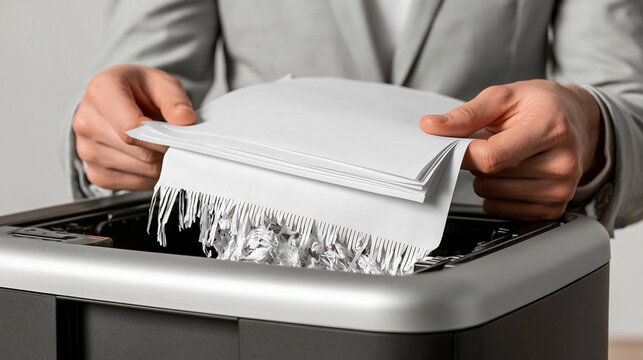 Confidentiality Shredded: A person in a suit meticulously feeds documents into a paper shredder, symbolizing destruction of sensitive information and the importance of data security.