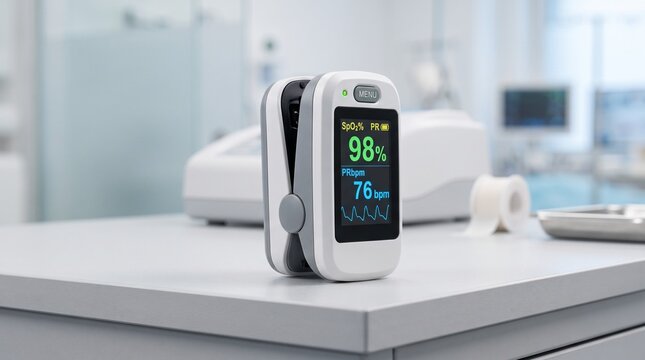 Digital fingertip pulse oximeter on a white desk showing oxygen levels.