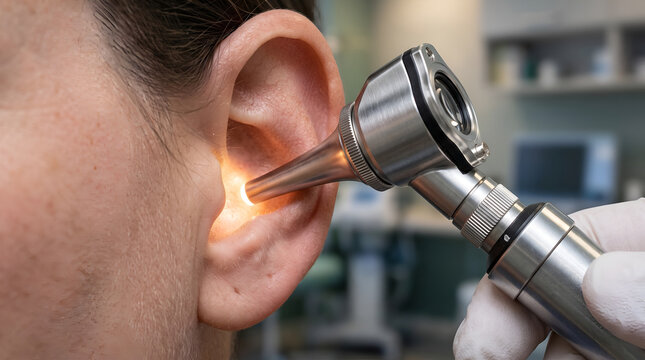 Doctor Checking Patient Ear with Otoscope Tool in Medical Clinic for Hearing Checkup
