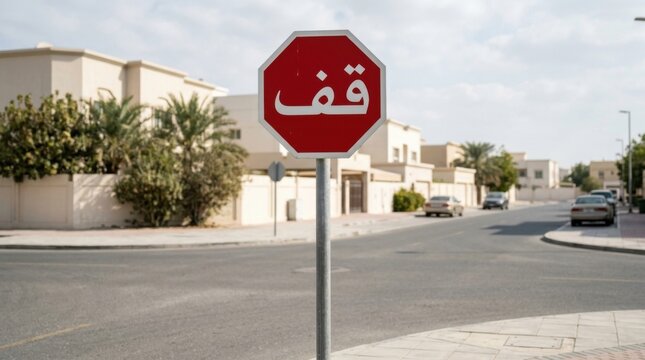 Arabic Stop Sign In A Suburban Street Scene