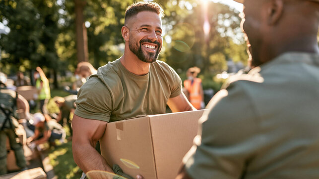 Community Spirit in Action: A smiling man in a military-style shirt hands over a cardboard box to another person, surrounded by volunteers in a park, embodying selfless service and communal support.