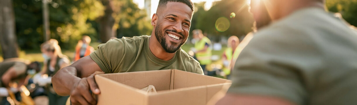 Community Support in Action: A beaming man, illuminated by the golden hour sun, hands a donation box to another individual amidst a group of volunteers working outdoors.