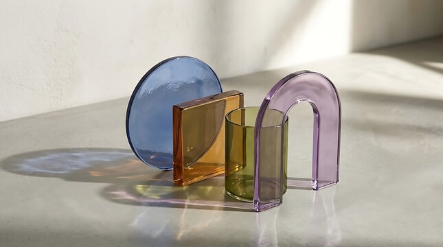 Translucent pastel glass shapes, including a circle, rectangle, cylinder, and arch, are arranged on a neutral surface with sunlight casting colorful refraction shadows.