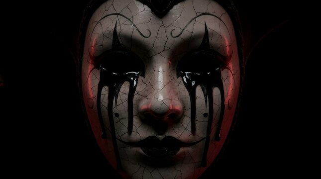Scary cracked porcelain jester mask with dripping black tears for dark horror halloween background and gothic design theme