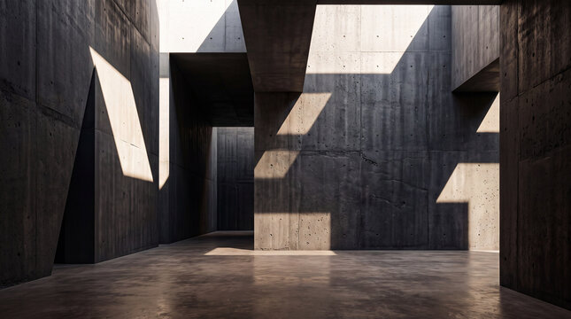Dark Luxury Concrete Interior with Geometric Light and Dramatic Shadows