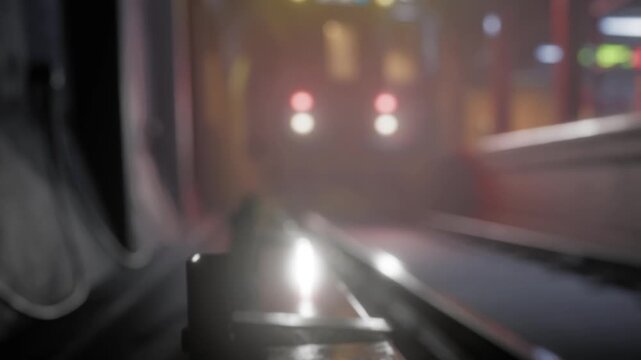 A train approaches an underground station with bright lights in the background. The scene shows tracks and the front of the train coming into view. It is likely evening or night.