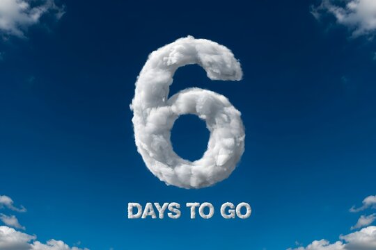 Number six shaped as a cloud in a blue sky with text overlay for countdown announcement