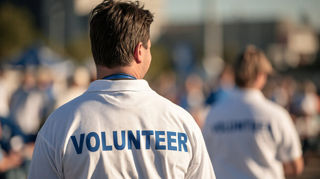 Volunteer Spirit in Action: A man wearing a white polo shirt with VOLUNTEER clearly printed on the back walks amidst a crowd, embodying the spirit of community service and selfless dedication.