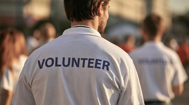 Volunteer spirit: Back view of a man wearing a white polo shirt with VOLUNTEER written in blue on the back, in a blurred outdoor setting with other people around.