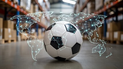 Soccer ball with digital world map representing global sports competition