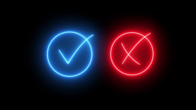 Neon tick or check mark icon animation. neon right and wrong check mark icons, False and true. Correct and incorrect, Minimal neon Check Mark and Cross Icon in Circle on Black Background animation.