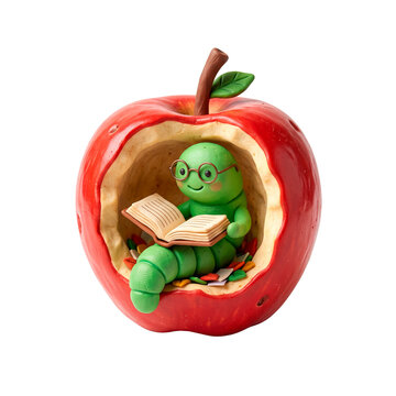 Cute green caterpillar wearing glasses reads a book inside a hollowed out red apple PNG Isolated on transparent background