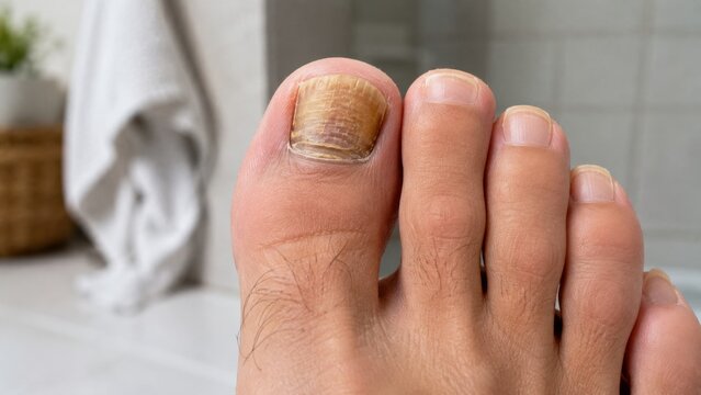 Onychomycosis toenail fungus infection on big toe shows thick yellow discolored cracked nail plate.
