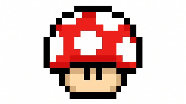 8-bit pixel art of a red mushroom with white spots retro game asset isolated on white.