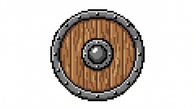 8-bit pixel art of a round wooden shield with iron rim RPG game asset isolated on white.