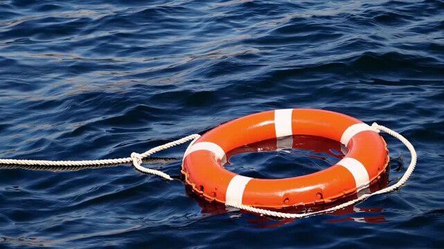 Aerial view of a vibrant orange lifebuoy floating on deep blue water, capturing a serene maritime safety concept. Ideal for video backgrounds.