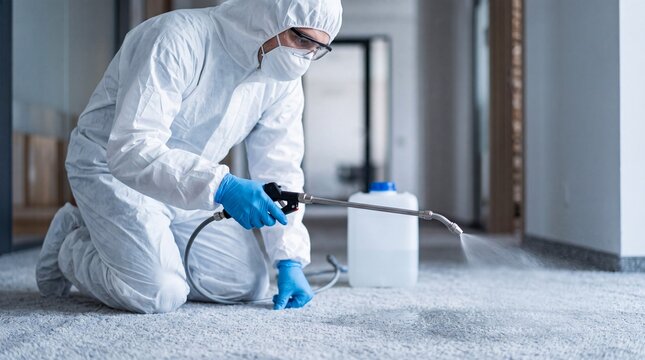 Insect removal specialist applying pest control treatment using professional sprayer indoors