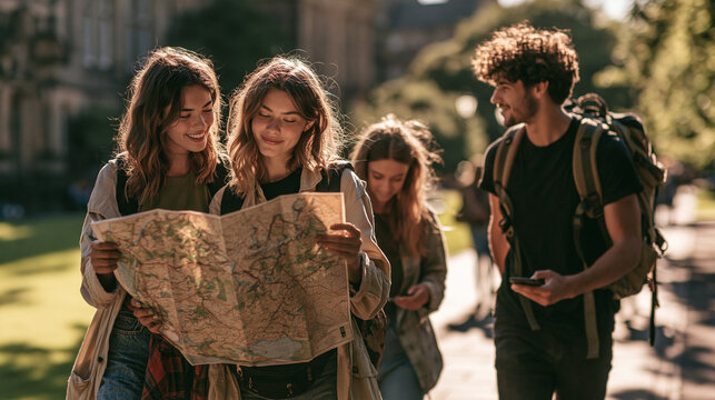 Friends Navigating History: A group of young travelers consult an old map while exploring a historic European city, capturing the spirit of adventure and discovery.