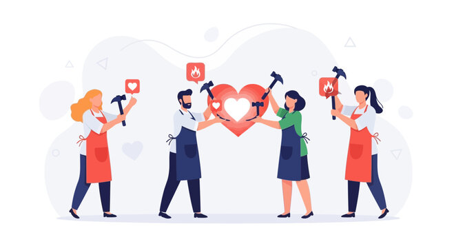 People Forging Heart and Social Media Icons with Hammers, Concept of Building Love and Online Engagement